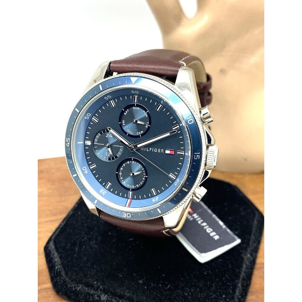 Tommy Hilfiger Men's Watch 1791837 Parker Quartz Blue Dial Brown Leather 44mm
